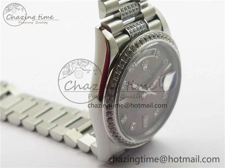 Day-Date 36mm 128239 SS Crystal BP Best Edition Black MOP Crystal Marker Dial on SS President Bracelet A2836