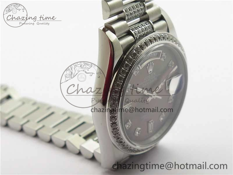 Day-Date 36mm 128239 SS Crystal BP Best Edition Black MOP Crystal Marker Dial on SS President Bracelet A2836
