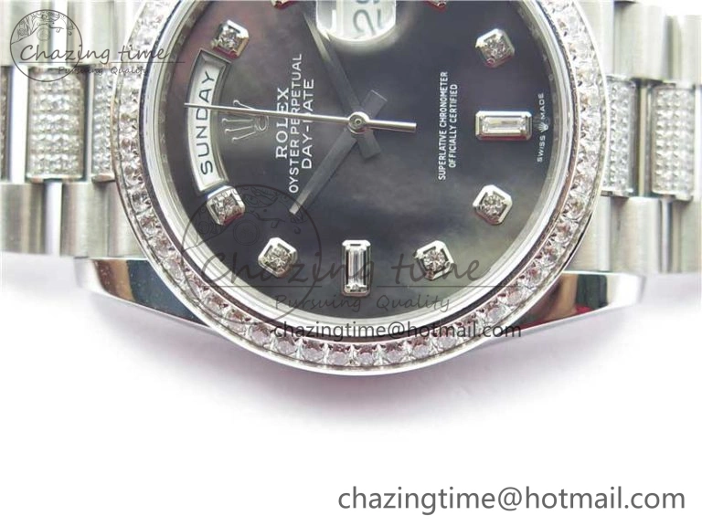Day-Date 36mm 128239 SS Crystal BP Best Edition Black MOP Crystal Marker Dial on SS President Bracelet A2836
