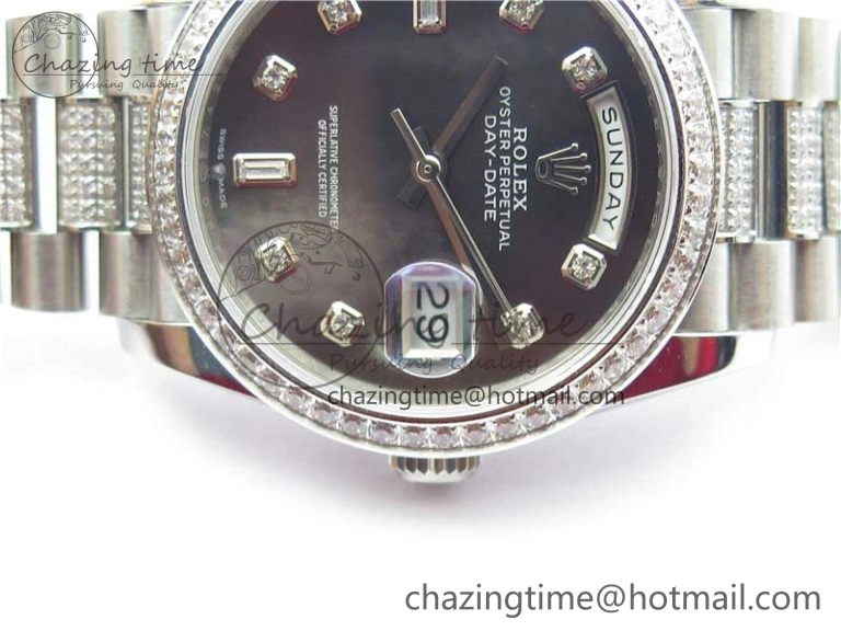 Day-Date 36mm 128239 SS Crystal BP Best Edition Black MOP Crystal Marker Dial on SS President Bracelet A2836