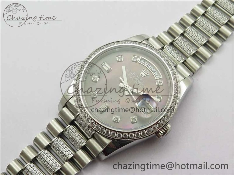 Day-Date 36mm 128239 SS Crystal BP Best Edition Black MOP Crystal Marker Dial on SS President Bracelet A2836