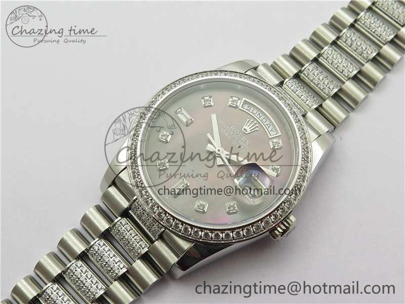 Day-Date 36mm 128239 SS Crystal BP Best Edition Black MOP Crystal Marker Dial on SS President Bracelet A2836