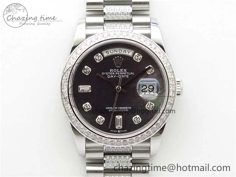 Day-Date 36mm 128239 SS Crystal BP Best Edition Black MOP Crystal Marker Dial on SS President Bracelet A2836