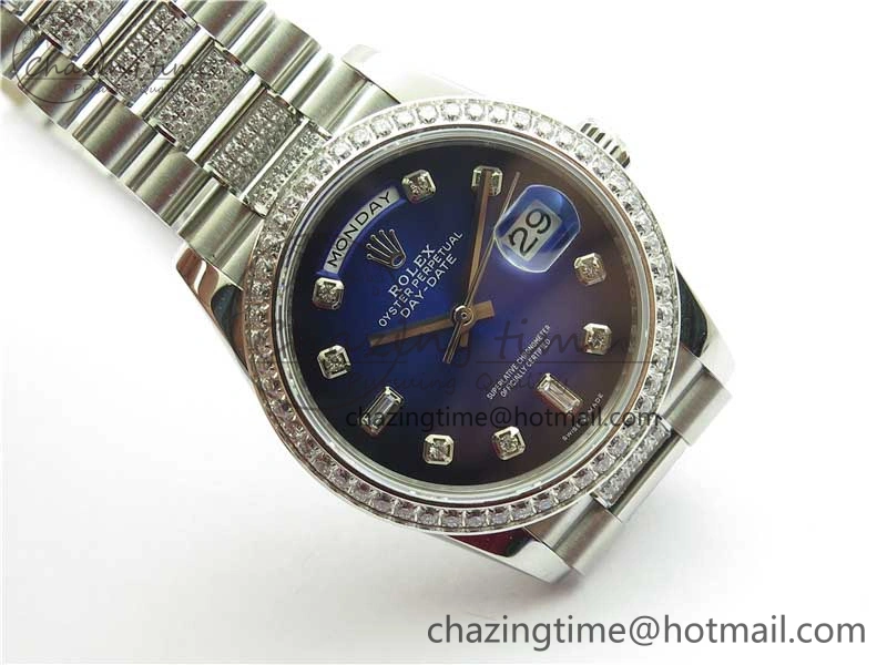 Day-Date 36mm 128239 SS Crystal BP Best Edition Blue Crystal Marker Dial on SS President Bracelet A2836