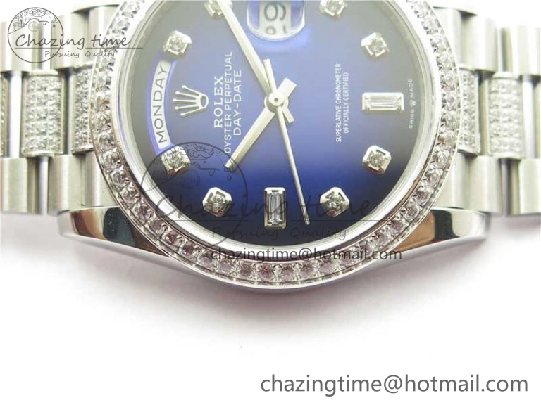 Day-Date 36mm 128239 SS Crystal BP Best Edition Blue Crystal Marker Dial on SS President Bracelet A2836