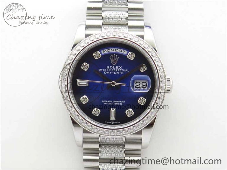 Day-Date 36mm 128239 SS Crystal BP Best Edition Blue Crystal Marker Dial on SS President Bracelet A2836
