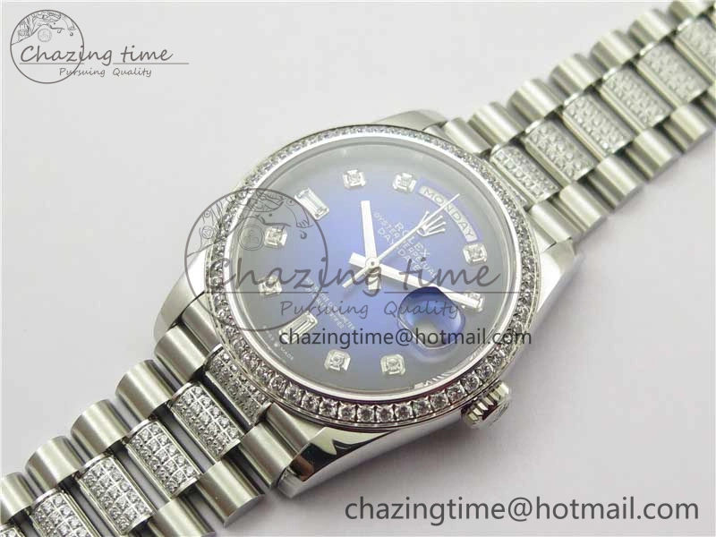 Day-Date 36mm 128239 SS Crystal BP Best Edition Blue Crystal Marker Dial on SS President Bracelet A2836