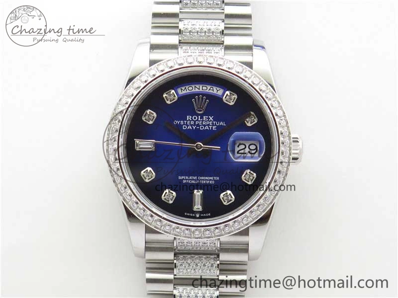 Day-Date 36mm 128239 SS Crystal BP Best Edition Blue Crystal Marker Dial on SS President Bracelet A2836