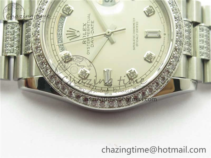 Day-Date 36mm 128239 SS Crystal BP Best Edition Silver Crystal Marker Dial on SS President Bracelet A2836