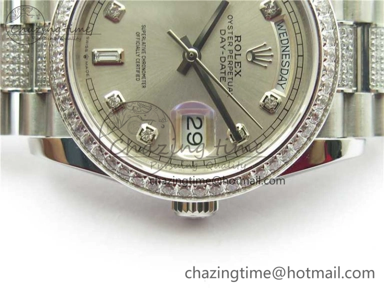 Day-Date 36mm 128239 SS Crystal BP Best Edition Silver Crystal Marker Dial on SS President Bracelet A2836
