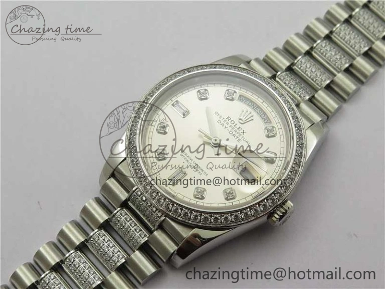 Day-Date 36mm 128239 SS Crystal BP Best Edition Silver Crystal Marker Dial on SS President Bracelet A2836