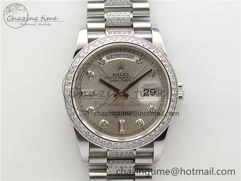 Day-Date 36mm 128239 SS Crystal BP Best Edition Silver Crystal Marker Dial on SS President Bracelet A2836