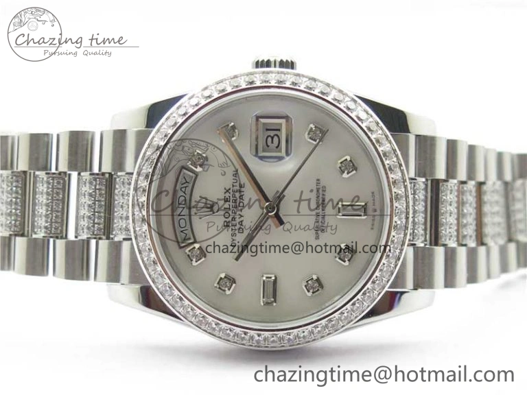 Day-Date 36mm 128239 SS Crystal BP Best Edition White MOP Crystal Marker Dial on SS President Bracelet A2836