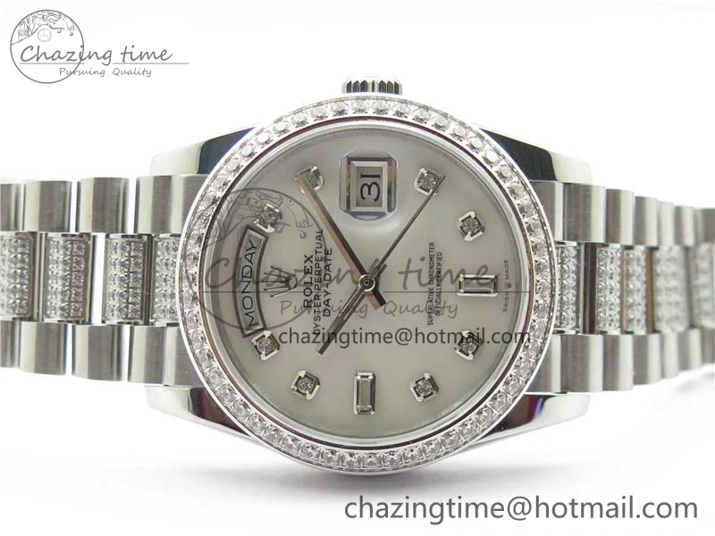 Day-Date 36mm 128239 SS Crystal BP Best Edition White MOP Crystal Marker Dial on SS President Bracelet A2836