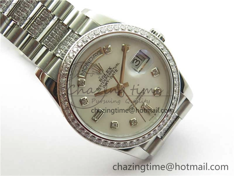 Day-Date 36mm 128239 SS Crystal BP Best Edition White MOP Crystal Marker Dial on SS President Bracelet A2836
