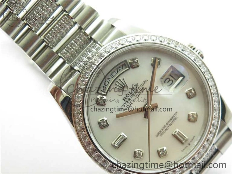 Day-Date 36mm 128239 SS Crystal BP Best Edition White MOP Crystal Marker Dial on SS President Bracelet A2836