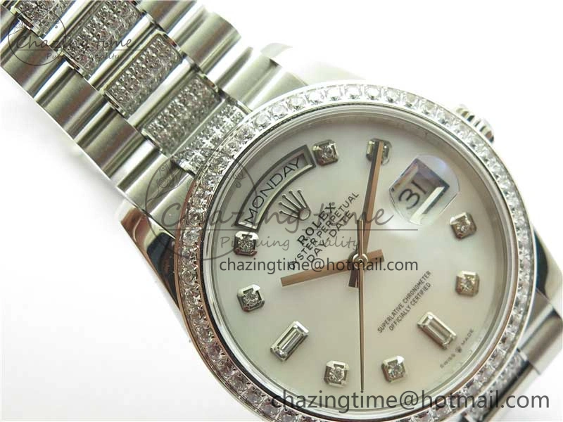 Day-Date 36mm 128239 SS Crystal BP Best Edition White MOP Crystal Marker Dial on SS President Bracelet A2836