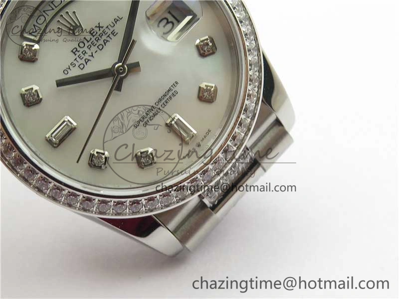 Day-Date 36mm 128239 SS Crystal BP Best Edition White MOP Crystal Marker Dial on SS President Bracelet A2836