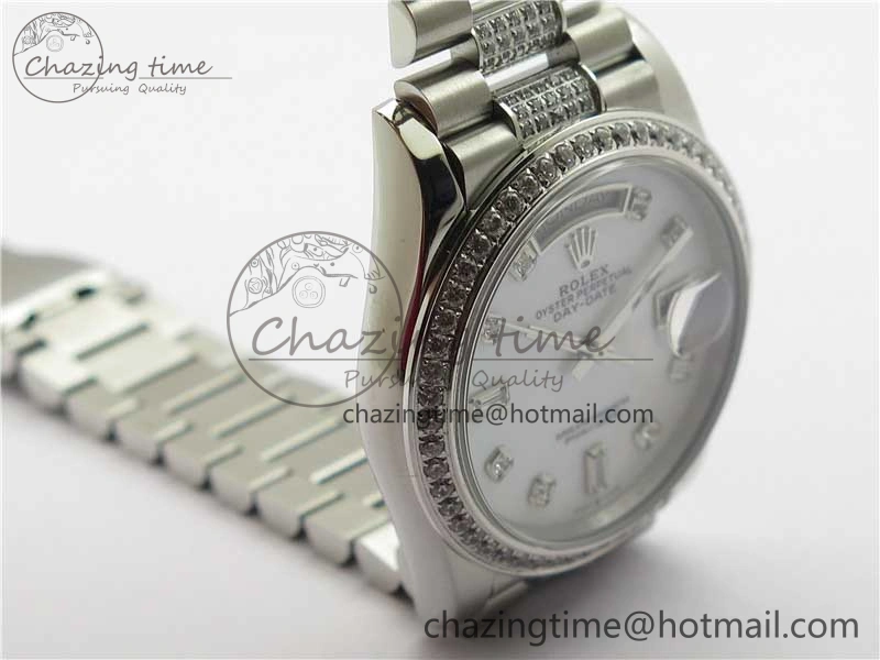 Day-Date 36mm 128239 SS Crystal BP Best Edition White MOP Crystal Marker Dial on SS President Bracelet A2836