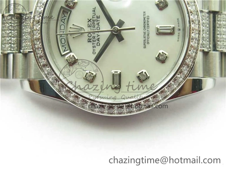 Day-Date 36mm 128239 SS Crystal BP Best Edition White MOP Crystal Marker Dial on SS President Bracelet A2836