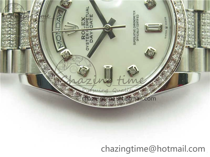 Day-Date 36mm 128239 SS Crystal BP Best Edition White MOP Crystal Marker Dial on SS President Bracelet A2836