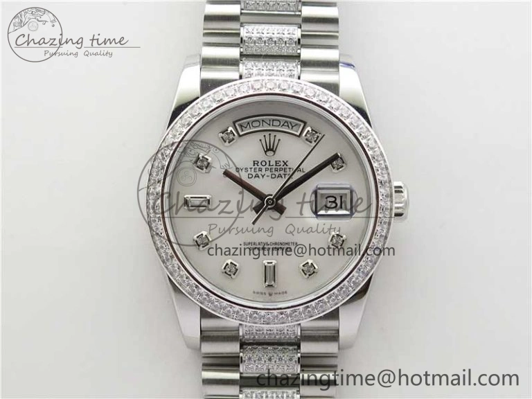 Day-Date 36mm 128239 SS Crystal BP Best Edition White MOP Crystal Marker Dial on SS President Bracelet A2836