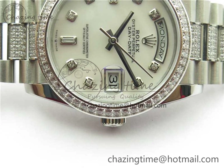 Day-Date 36mm 128239 SS Crystal BP Best Edition White MOP Crystal Marker Dial on SS President Bracelet A2836