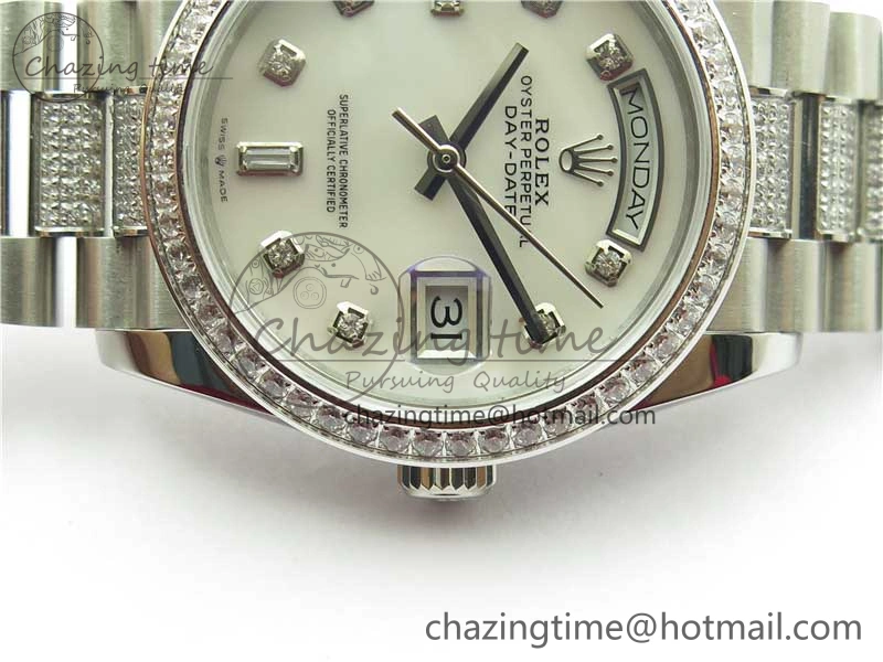 Day-Date 36mm 128239 SS Crystal BP Best Edition White MOP Crystal Marker Dial on SS President Bracelet A2836