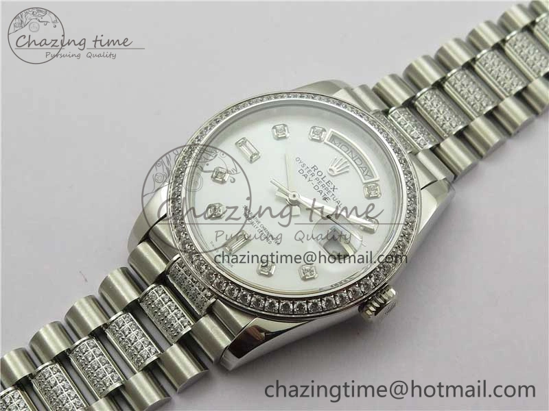 Day-Date 36mm 128239 SS Crystal BP Best Edition White MOP Crystal Marker Dial on SS President Bracelet A2836