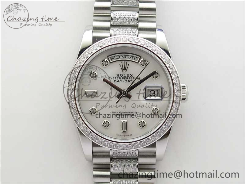 Day-Date 36mm 128239 SS Crystal BP Best Edition White MOP Crystal Marker Dial on SS President Bracelet A2836
