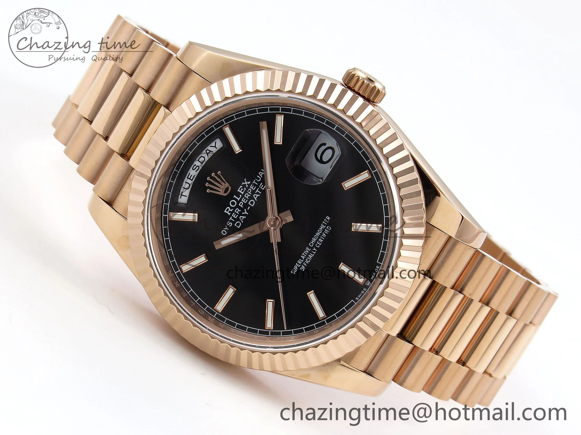 Day Date 40 RG JDF 904L Steel Black Stick Dial on President Bracelet VR3255 V3 (Gain Weight)