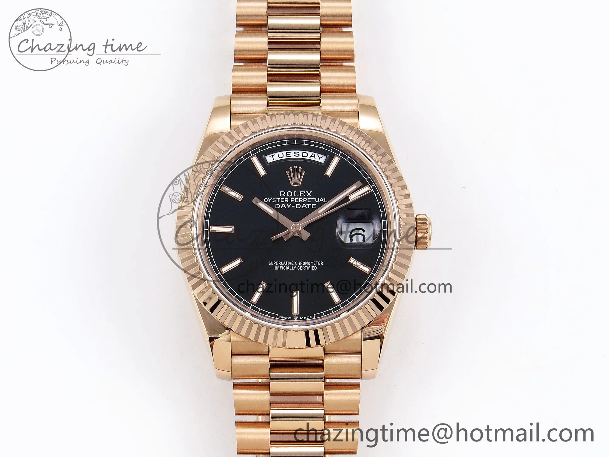 Day Date 40 RG JDF 904L Steel Black Stick Dial on President Bracelet VR3255 V3 (Gain Weight)
