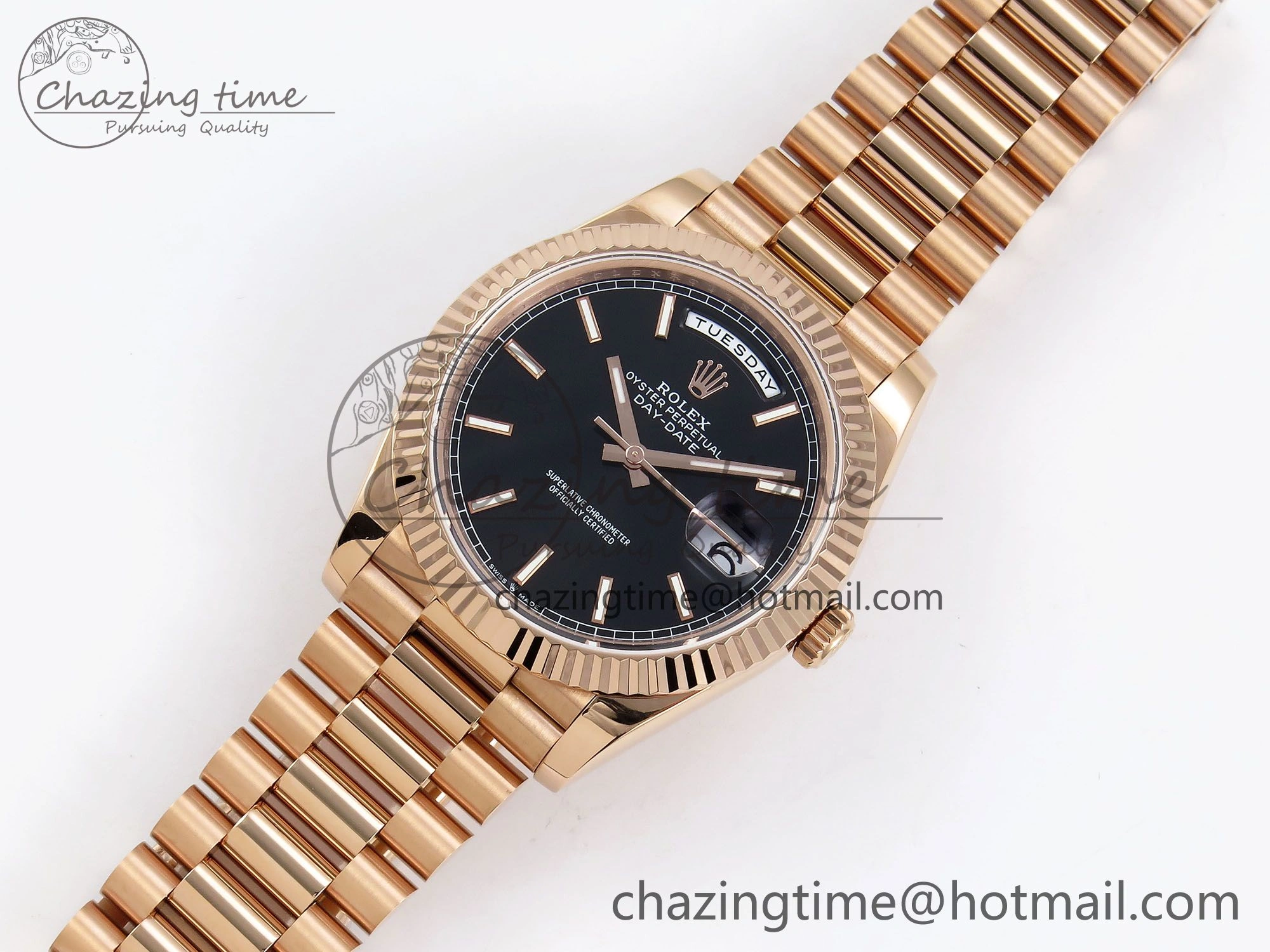 Day Date 40 RG JDF 904L Steel Black Stick Dial on President Bracelet VR3255 V3 (Gain Weight)