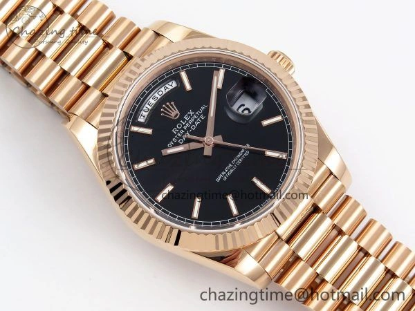 Day Date 40 RG JDF 904L Steel Black Stick Dial on President Bracelet VR3255 V3 (Gain Weight)