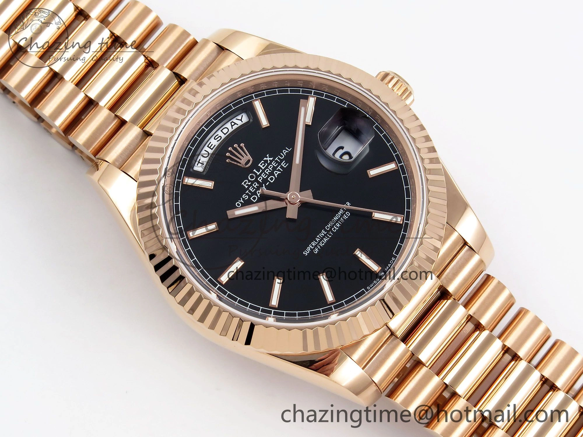 Day Date 40 RG JDF 904L Steel Black Stick Dial on President Bracelet VR3255 V3 (Gain Weight)