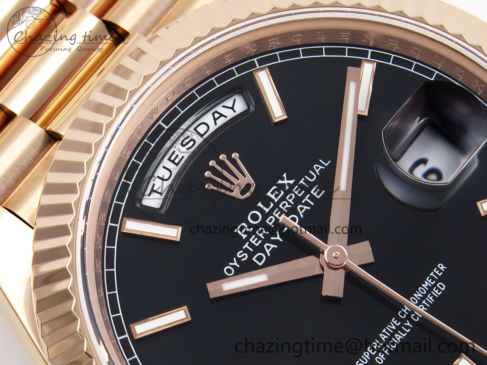 Day Date 40 RG JDF 904L Steel Black Stick Dial on President Bracelet VR3255 V3 (Gain Weight)