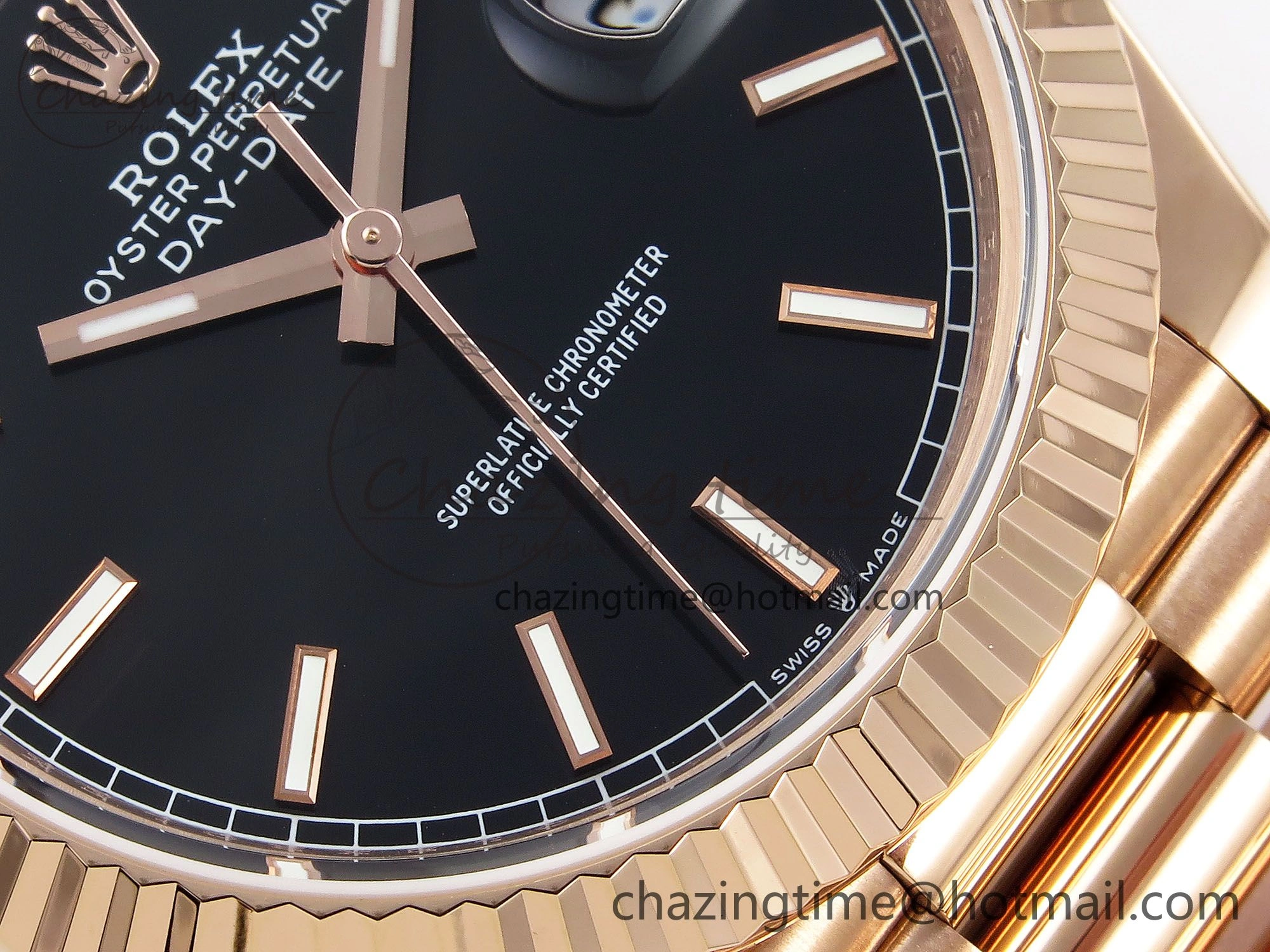 Day Date 40 RG JDF 904L Steel Black Stick Dial on President Bracelet VR3255 V3 (Gain Weight)