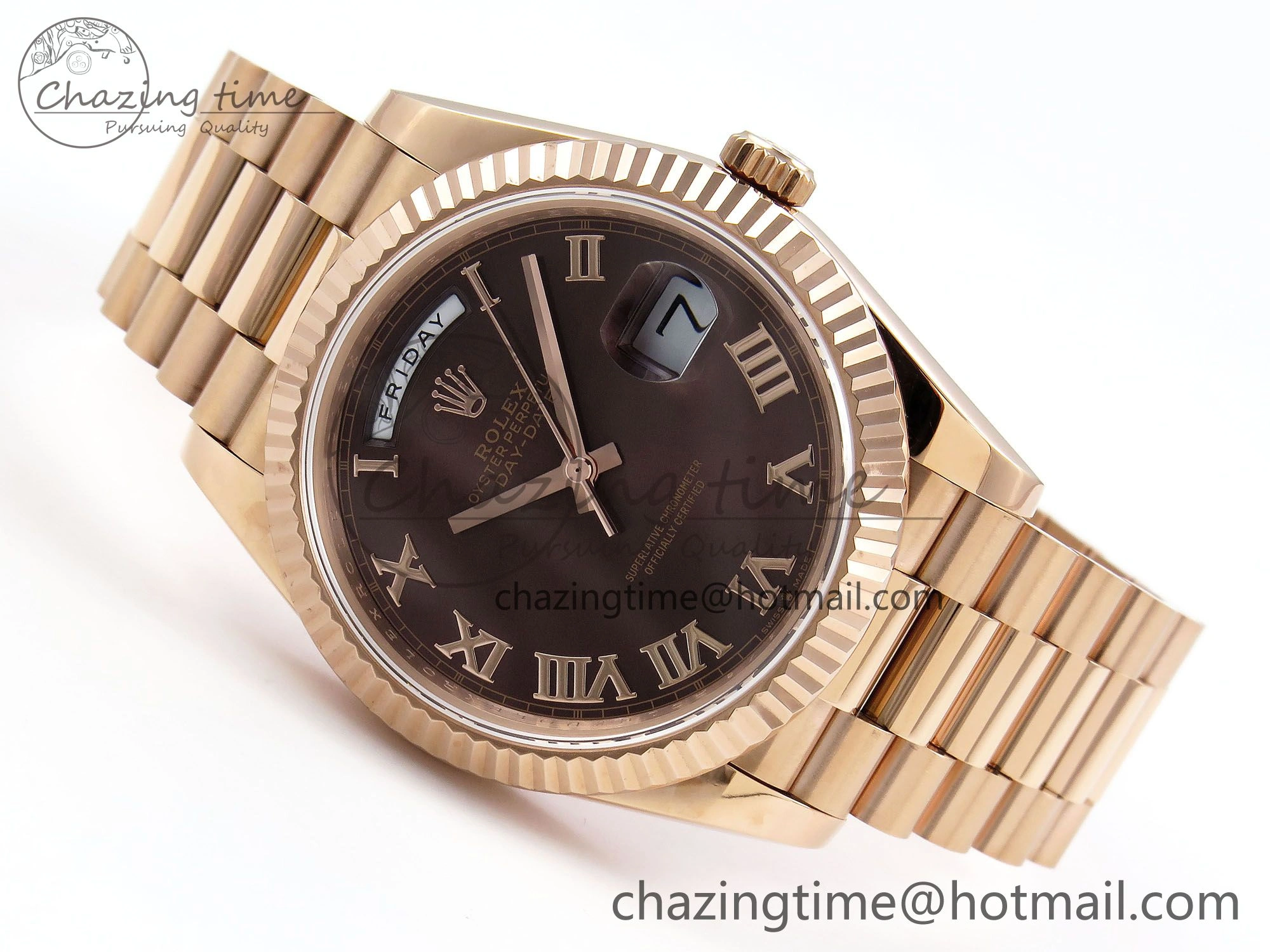 Day Date 40 RG JDF 904L Steel Brown Roman Dial on President Bracelet VR3255 V3 (Gain Weight)