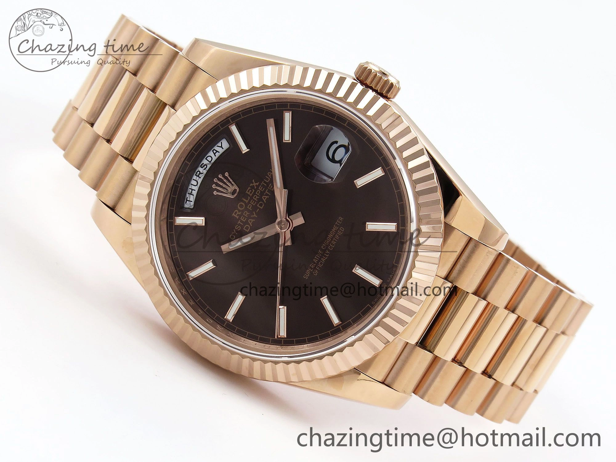 Day Date 40 RG JDF 904L Steel Brown Stick Dial on President Bracelet VR3255 V3 (Gain Weight)