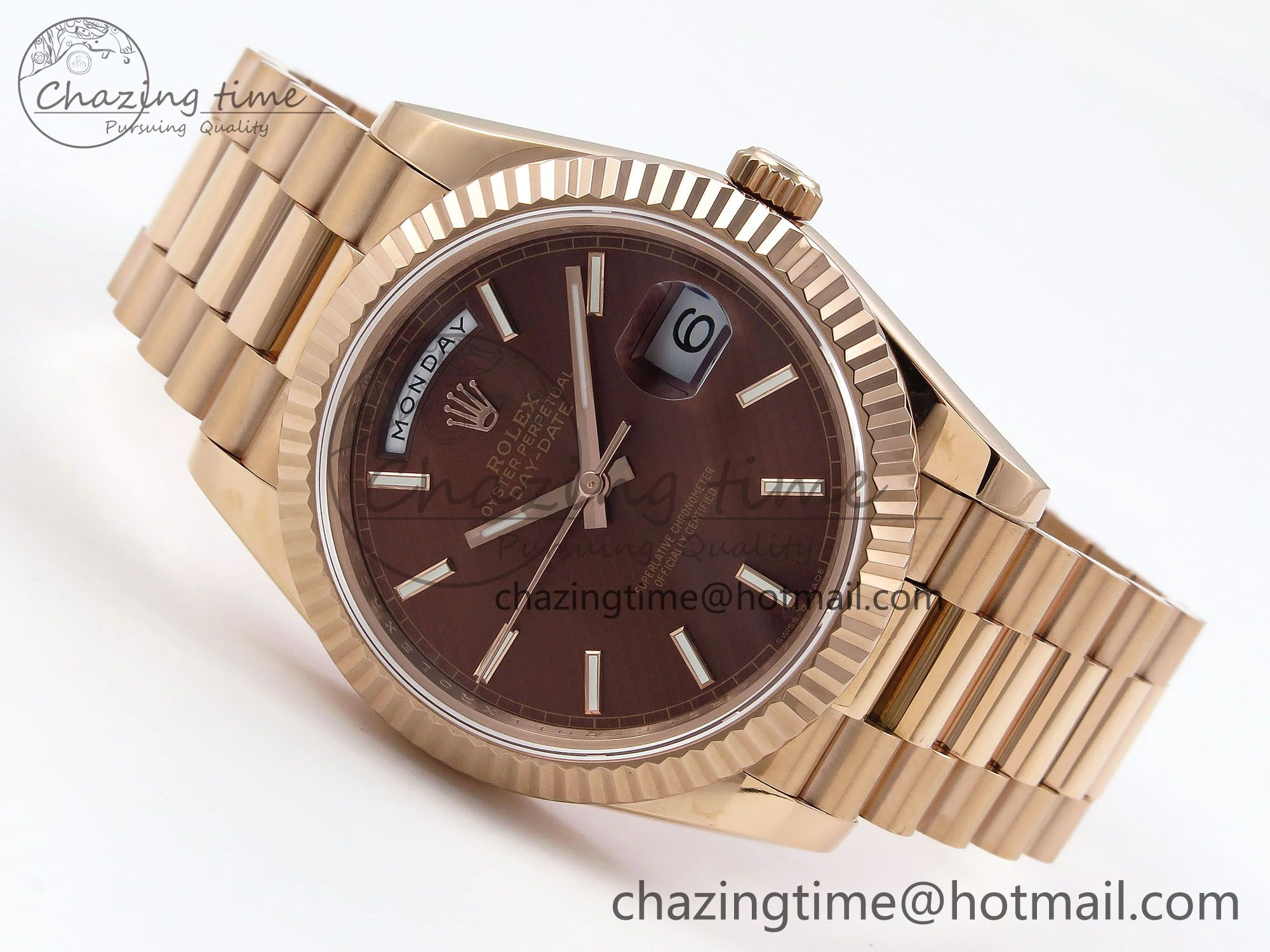 Day Date 40 RG JDF 904L Steel Brown Textured Stick Dial on President Bracelet VR3255 V3 (Gain Weight)
