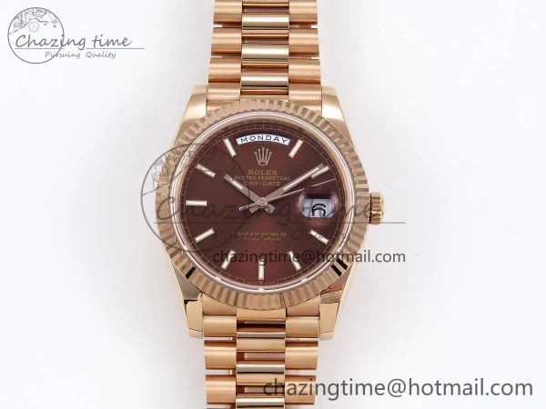 Day Date 40 RG JDF 904L Steel Brown Textured Stick Dial on President Bracelet VR3255 V3 (Gain Weight)
