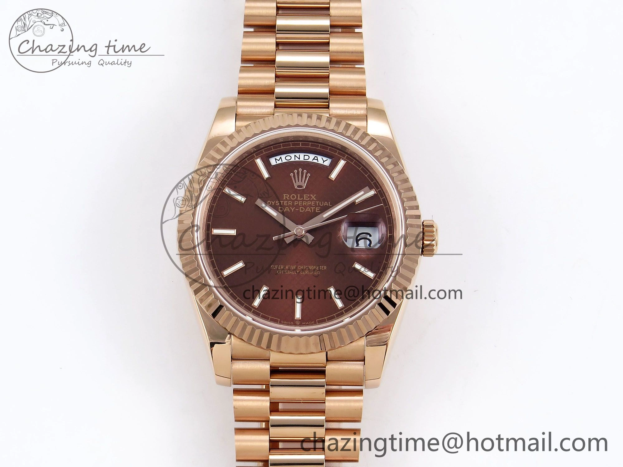 Day Date 40 RG JDF 904L Steel Brown Textured Stick Dial on President Bracelet VR3255 V3 (Gain Weight)