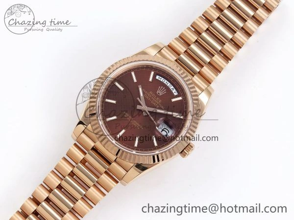 Day Date 40 RG JDF 904L Steel Brown Textured Stick Dial on President Bracelet VR3255 V3 (Gain Weight)