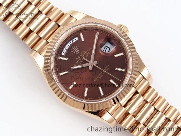Day Date 40 RG JDF 904L Steel Brown Textured Stick Dial on President Bracelet VR3255 V3 (Gain Weight)