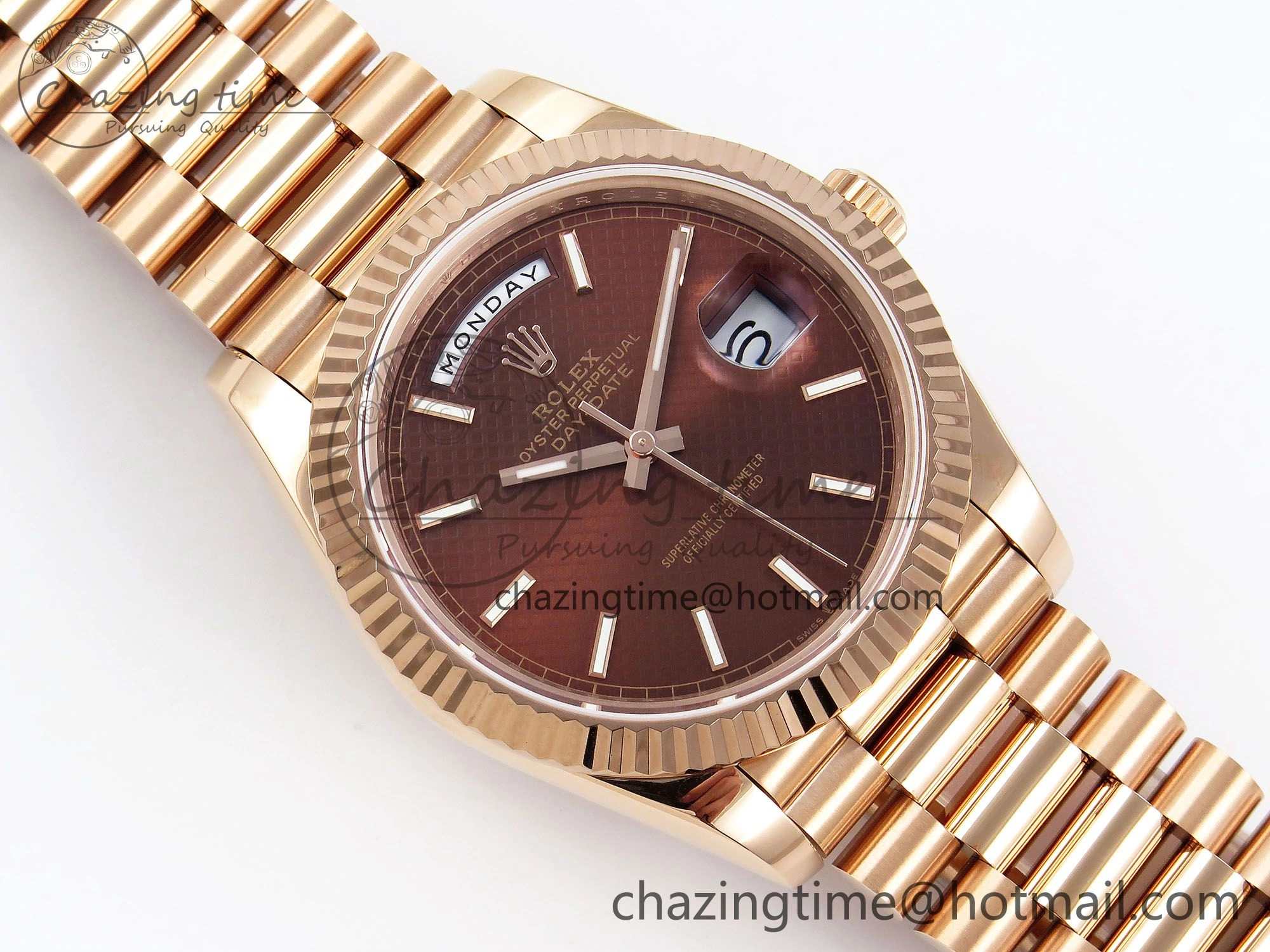 Day Date 40 RG JDF 904L Steel Brown Textured Stick Dial on President Bracelet VR3255 V3 (Gain Weight)