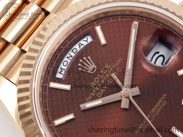Day Date 40 RG JDF 904L Steel Brown Textured Stick Dial on President Bracelet VR3255 V3 (Gain Weight)