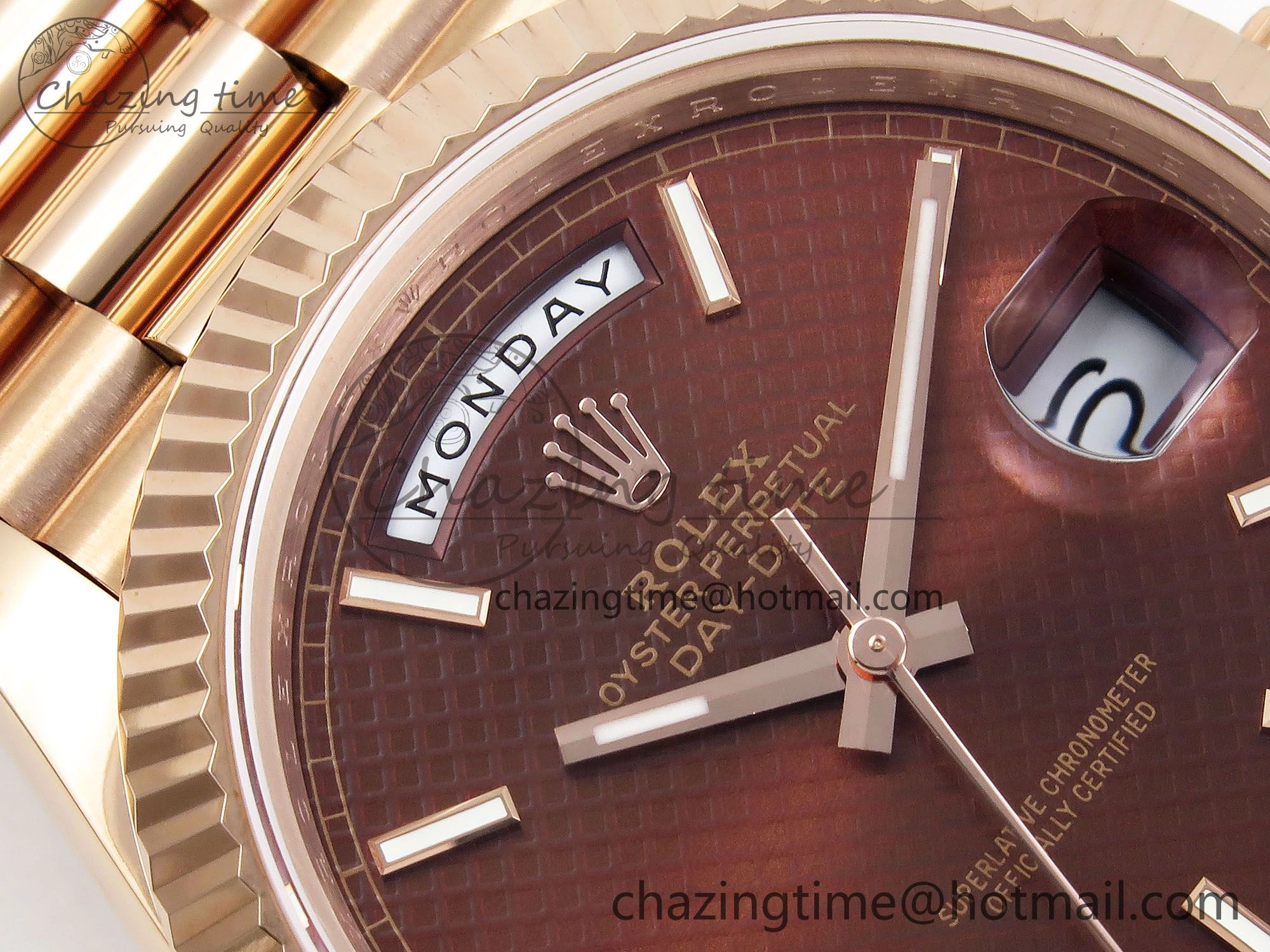 Day Date 40 RG JDF 904L Steel Brown Textured Stick Dial on President Bracelet VR3255 V3 (Gain Weight)