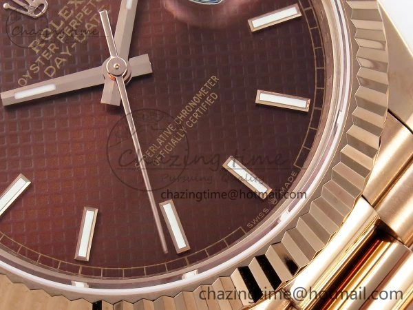 Day Date 40 RG JDF 904L Steel Brown Textured Stick Dial on President Bracelet VR3255 V3 (Gain Weight)