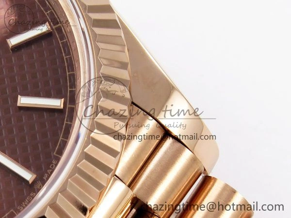 Day Date 40 RG JDF 904L Steel Brown Textured Stick Dial on President Bracelet VR3255 V3 (Gain Weight)