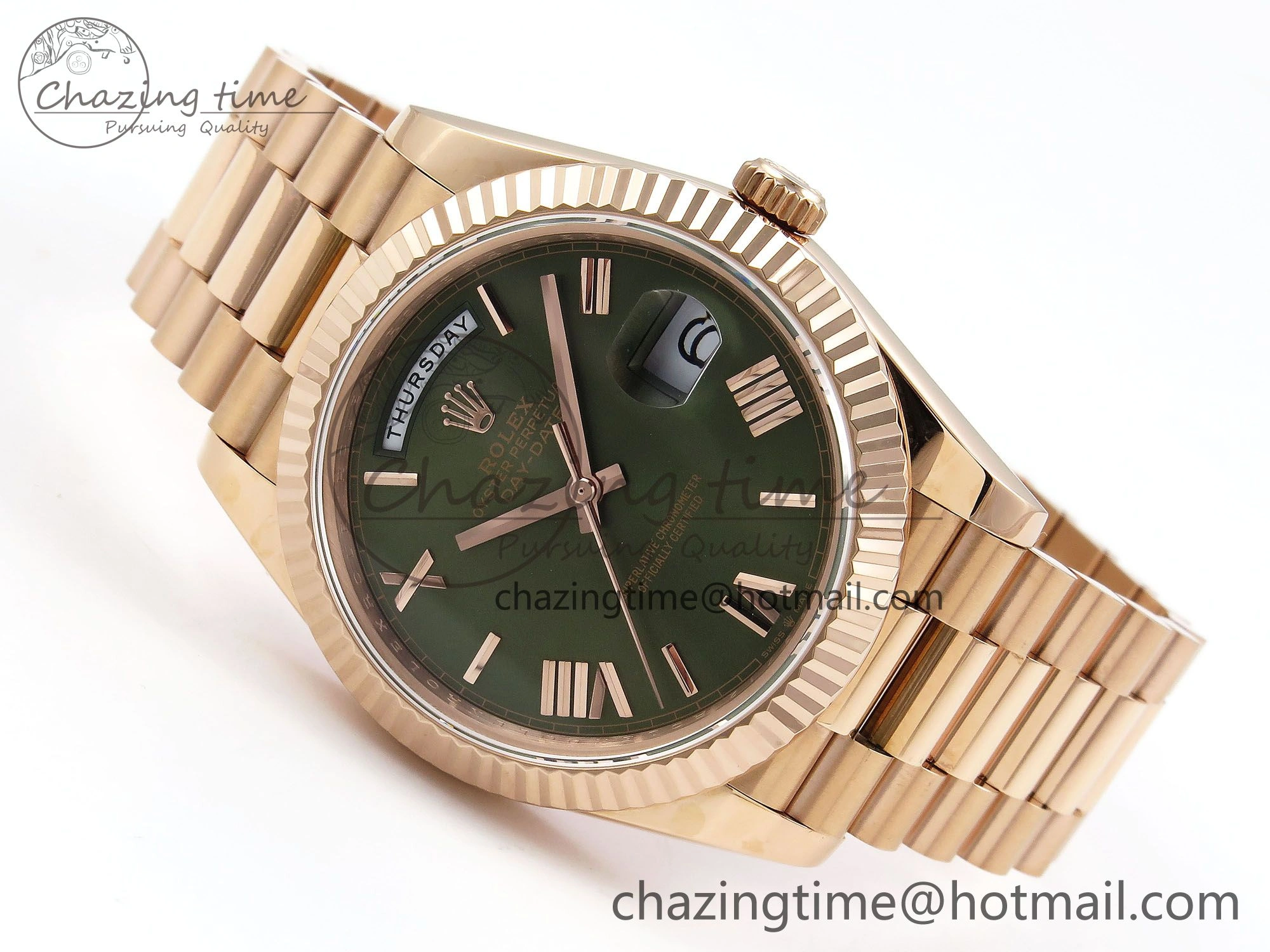 Day Date 40 RG JDF 904L Steel Green Roman Dial on President Bracelet VR3255 V3 (Gain Weight)